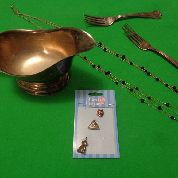 ANTIQUE SILVERPLATE CREAMER & 2 EARLY PLATED ORNATE FORKS NECKLACE CHARM… - Picture 2 of 12